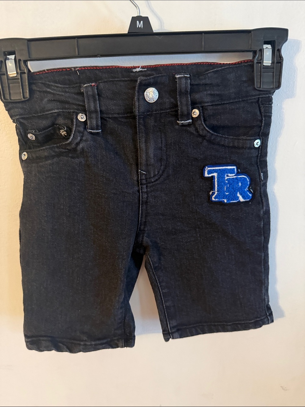 True Religion Kids Black Denim Shorts with Blue 'TR' Patch 4t